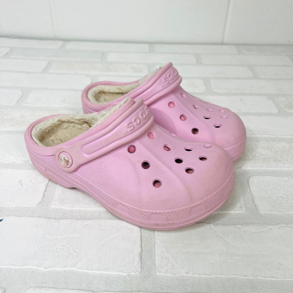 Crocs Kids Classic Lined Clog Pink Faux Fur Warm Slip On Shoes Size J3